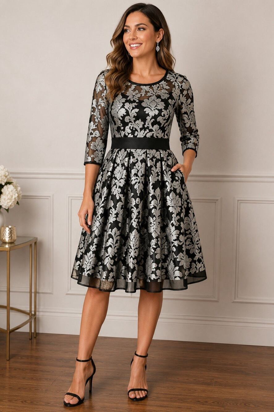 ABS by Allen Schwartz Dress Womens 10 Black Silver Floral Fit & Flare Cocktail